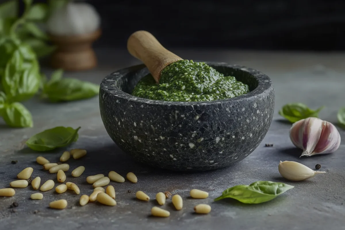 Pesto in a mortar and pestle