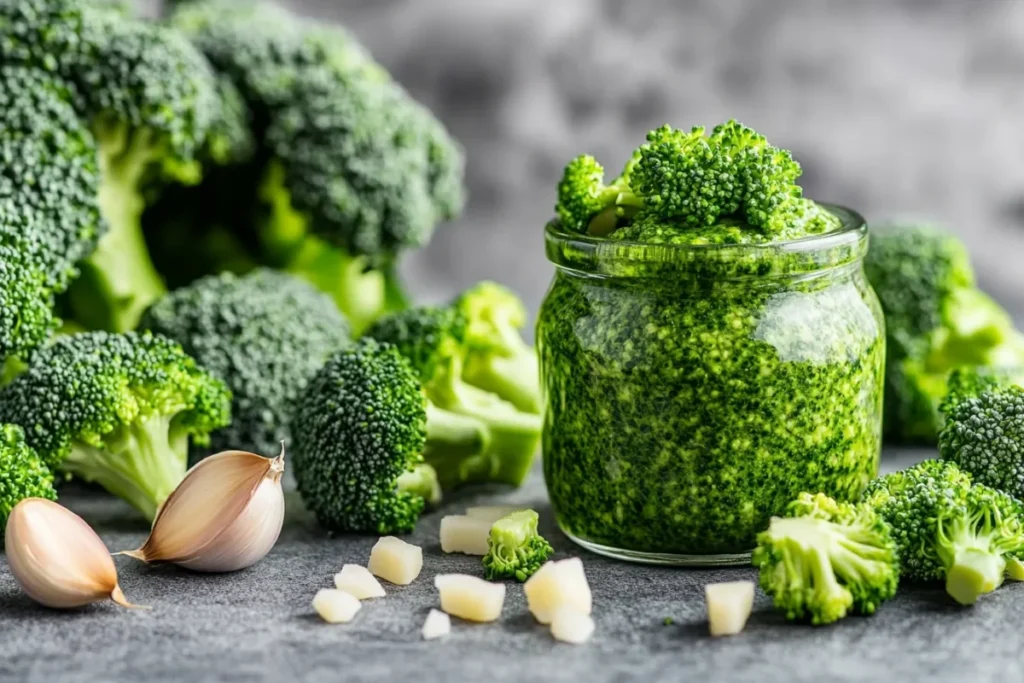 Broccoli pesto in a glass jar