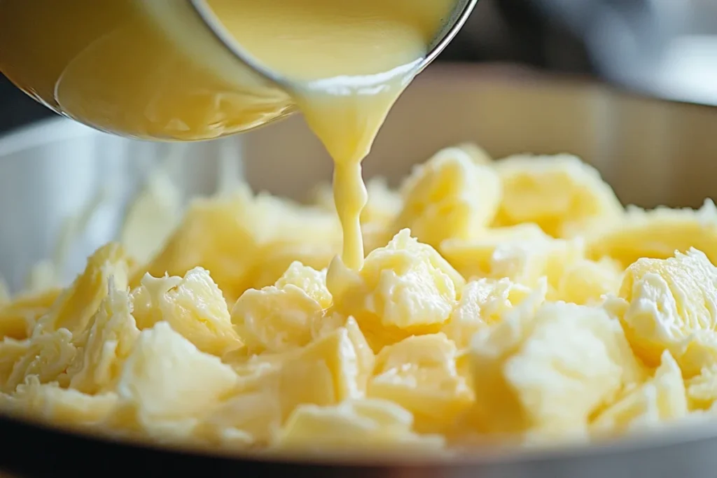 Pouring pineapple juice into cake batter