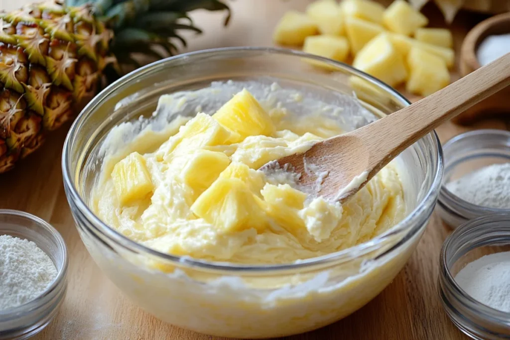 Mixing pineapple cake batter in a bowl