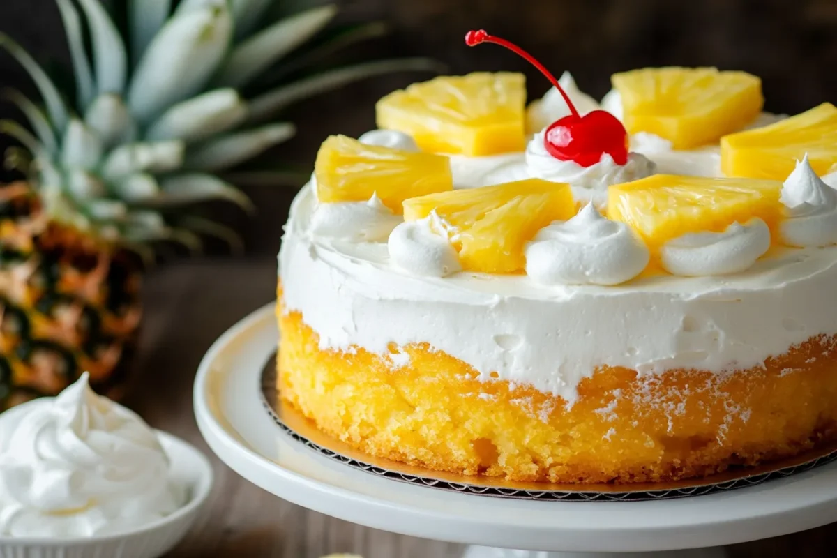 Pineapple cake with fresh tropical garnish