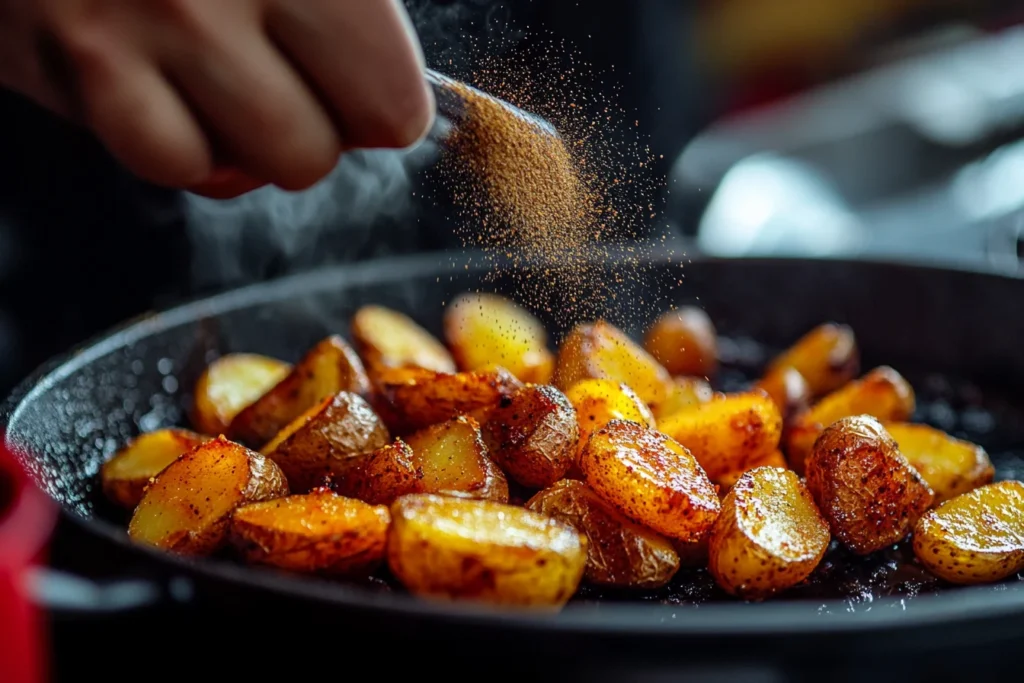 "Seasoning freshly fried potatoes"