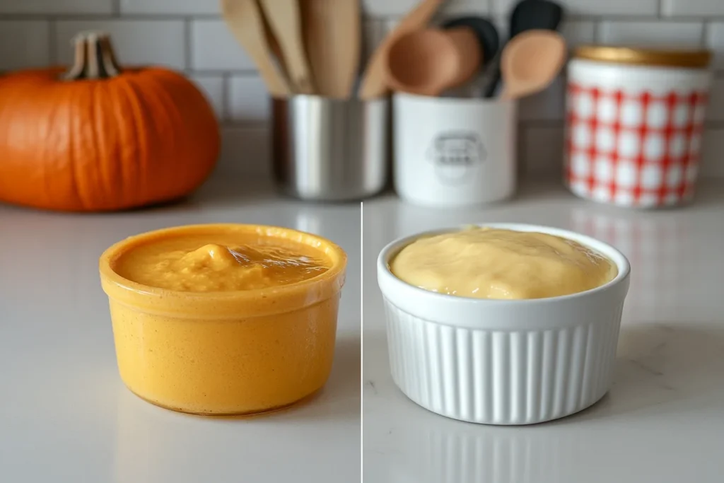 Side-by-side comparison of two custards: one runny and watery, and the other firm and creamy, with kitchen utensils and pumpkin puree containers in the background.