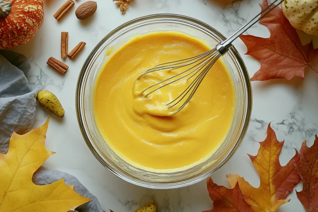 Step-by-step cooking process for pumpkin custard: whisking ingredients in a bowl, pouring into a water bath, and cooling on a wire rack with fall leaves and spices.