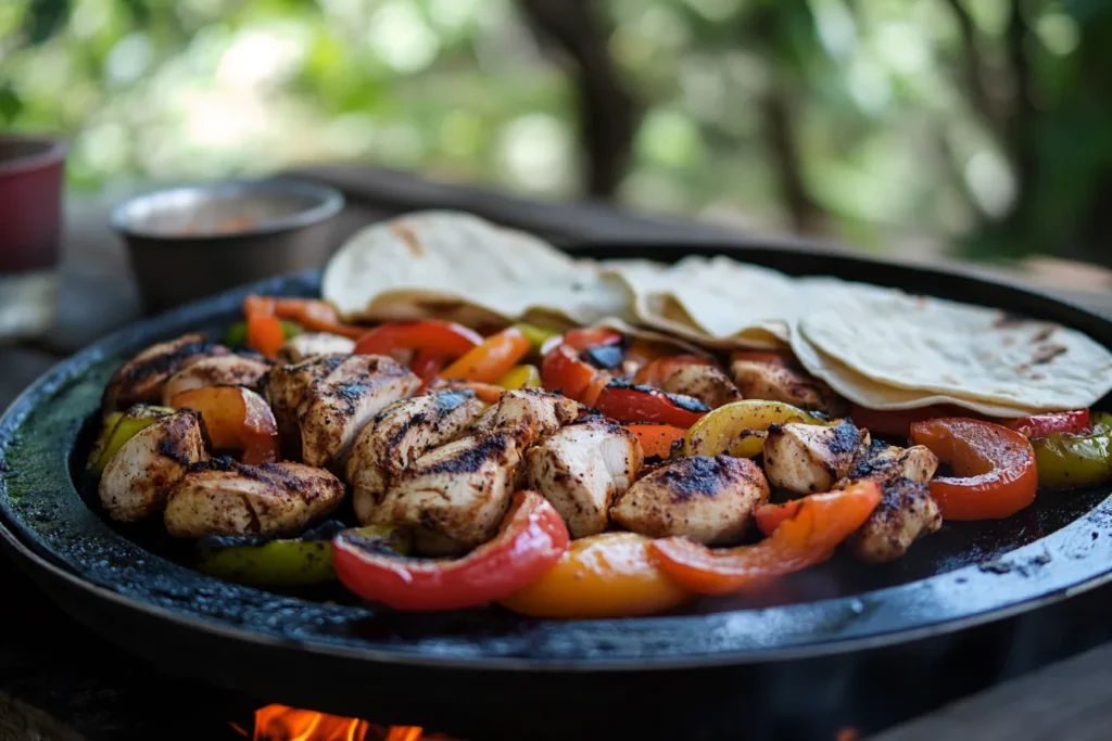 Fajita ingredients on a skillet