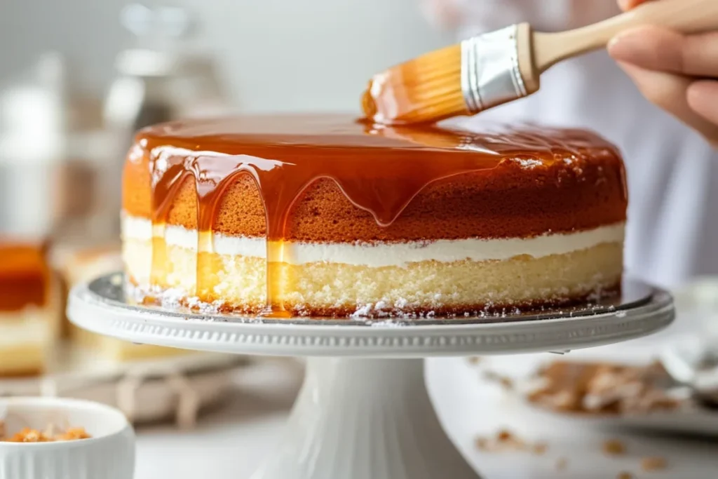 Brushing cake with simple syrup