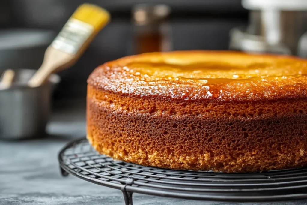 Freshly baked moist cake on cooling rack