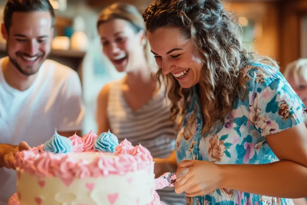 Cutting a gender reveal cake