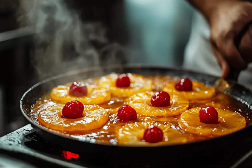 Flipping a pineapple upside-down cake