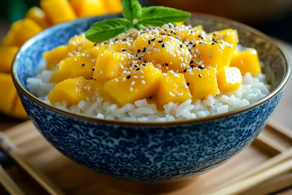 A bowl of mango sticky rice with coconut milk