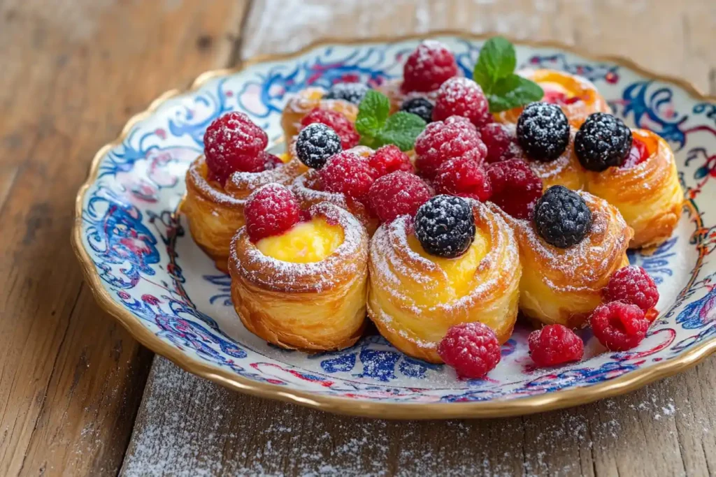 Danish pastries with fruit and custard