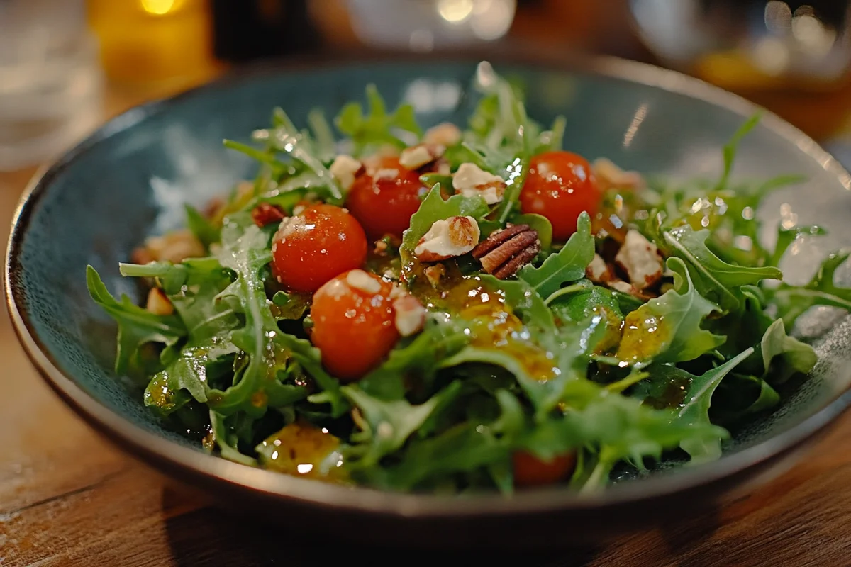 Fresh rocket salad on a wooden table